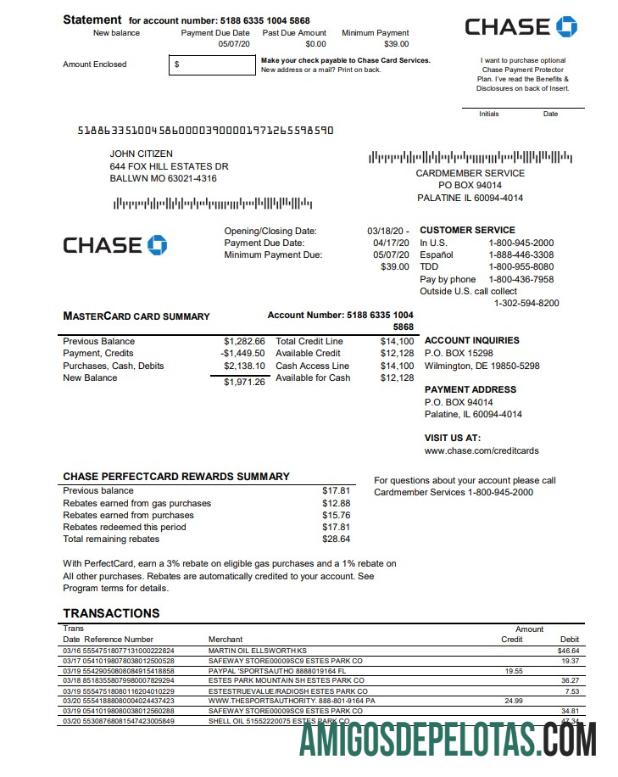 Extrato realista do cartão Mastercard do USA Chase Bank, modelo fácil de preencher em formato Word e PDF